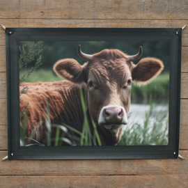 Tuinposter koe met gedrukte lijst