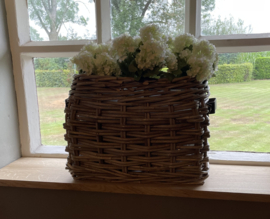 Window-sill basket, rounded oval shape with leather handles (40x20x30cm)