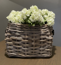 Window-sill basket, rounded oval shape with leather handles (40x20x30cm)