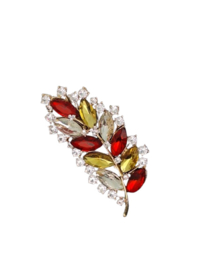 Decoratie broche op speld rood wit geel veer