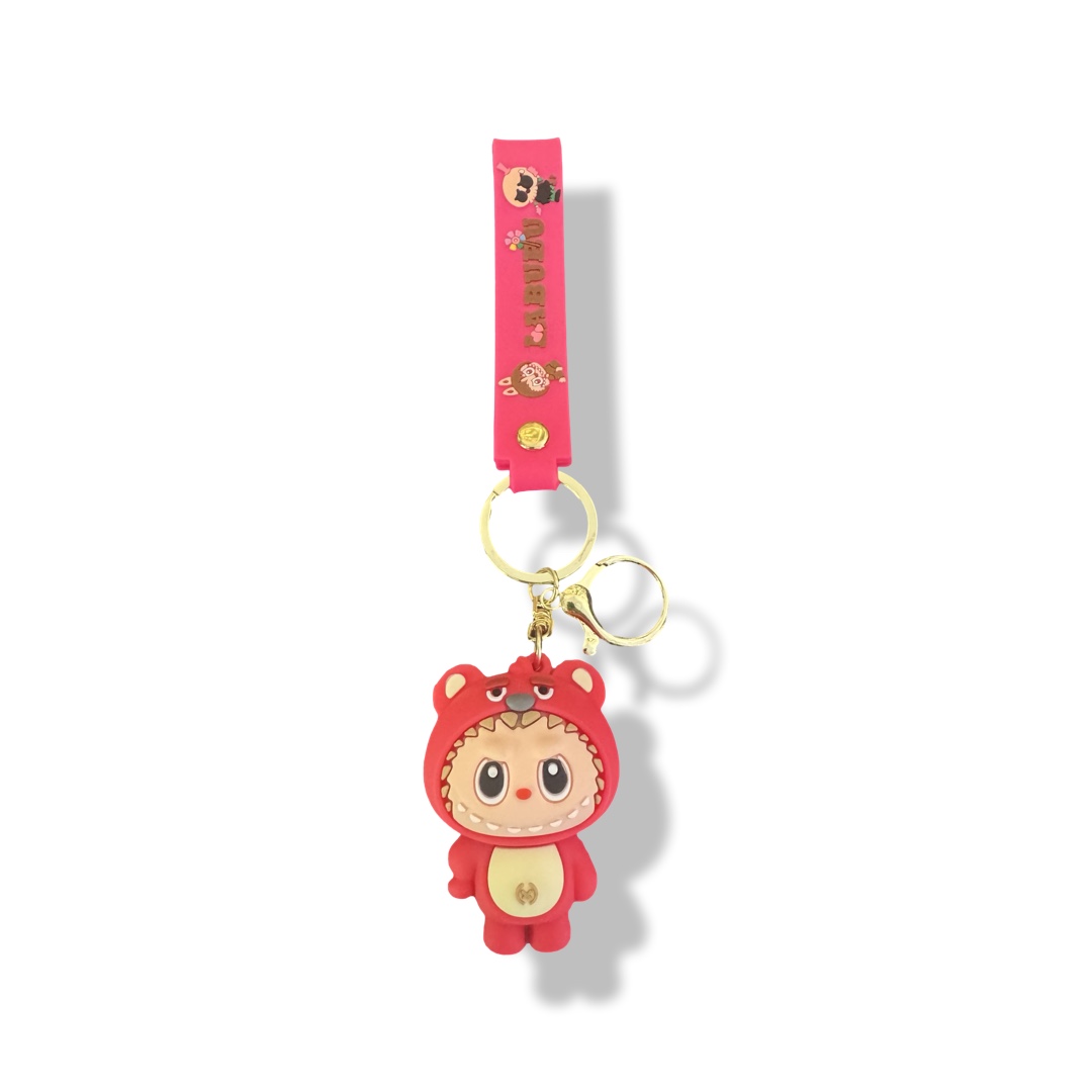 Labubu sleutelhanger met rood berenpak