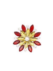 Decoratie broche met  speld rood wit gele stenen bloem