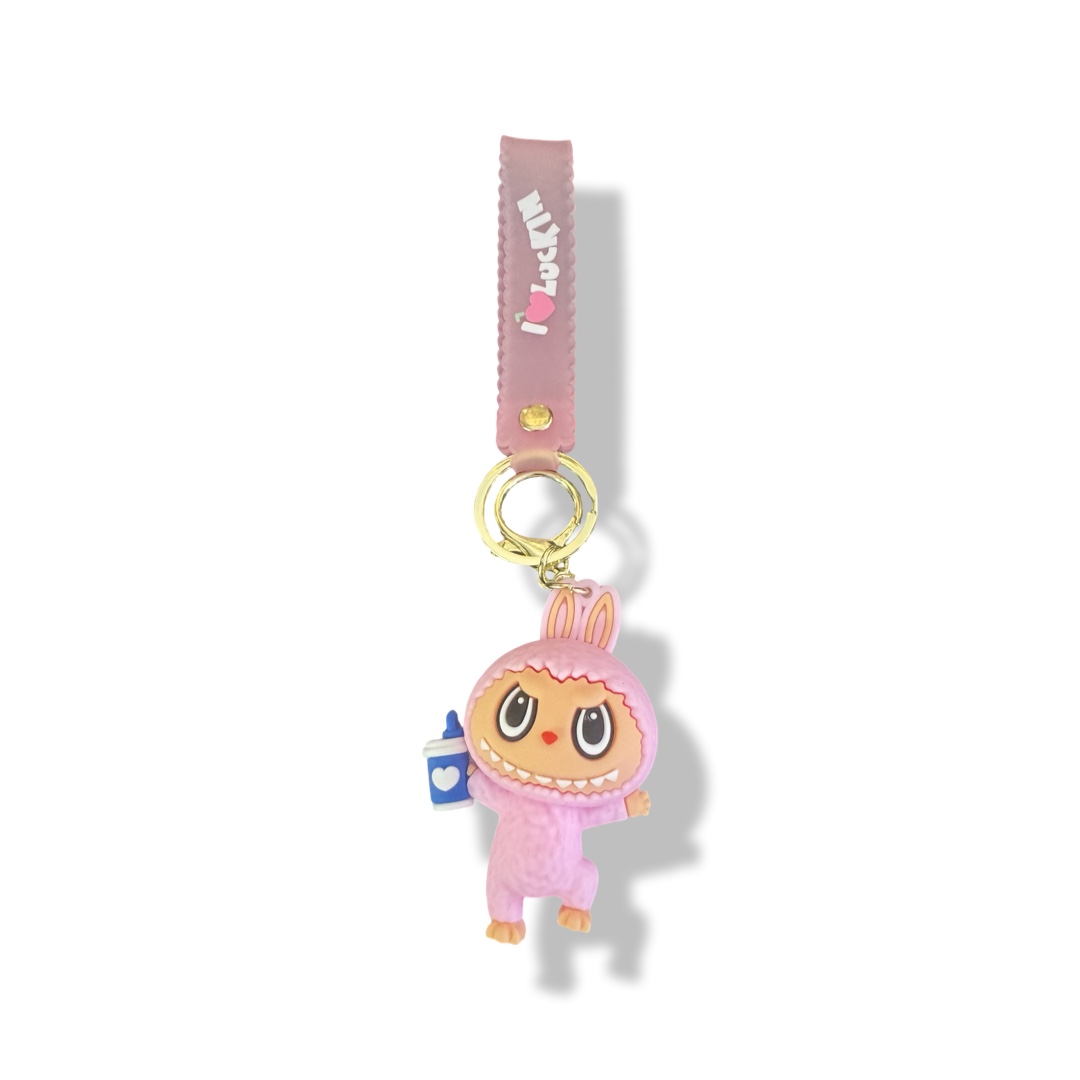 Labubu sleutelhanger roze met blauwe beker