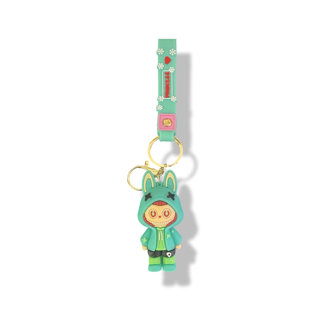 Labubu sleutelhanger Princess blauwe jas en groene trui