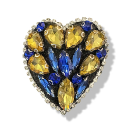 Broche hart steentjes blauw geel