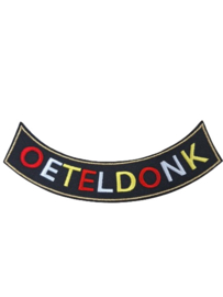 Boogje Oeteldonk rood wit gele letters met gouden rand