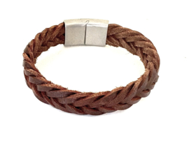 Heren armband breed bruin leer fishtail gevlochten