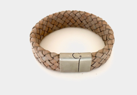 Heren armband gevlochten leer breed taupe 18mm