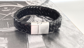 Heren armband gevlochten leer breed zwart