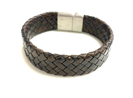 Heren armband gevlochten leer breed donker bruin 18mm