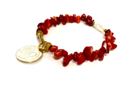 Armband natuursteen Koraalrood en Parel