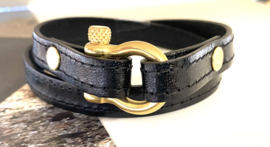 Armband leer zwart met harpsluiting goud