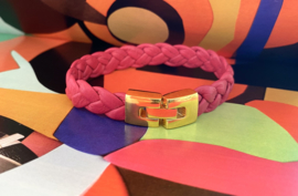 Armband gevlochten leer roze