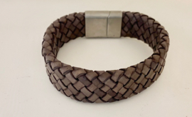 Heren armband gevlochten leer breed grijs