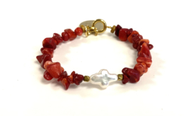 Armband natuursteen Koraalrood en Parel