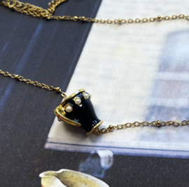 Ketting stainless steel goud met zwart parel  theekopje