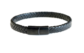 Heren armband gevlochten leer zwart 8mm