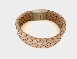 Heren armband gevlochten leer breed taupe 18mm