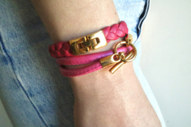 Armband leer hermes style roze/goud