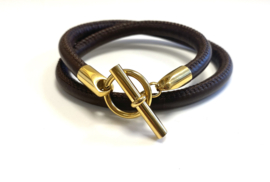 Armband leer hermes style donkerbruin/ goud