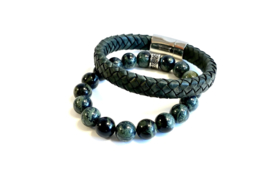 Heren armband gevlochten leer mat  groen 10mm