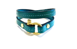 Armbanden leer turquoise harpsluiting goud