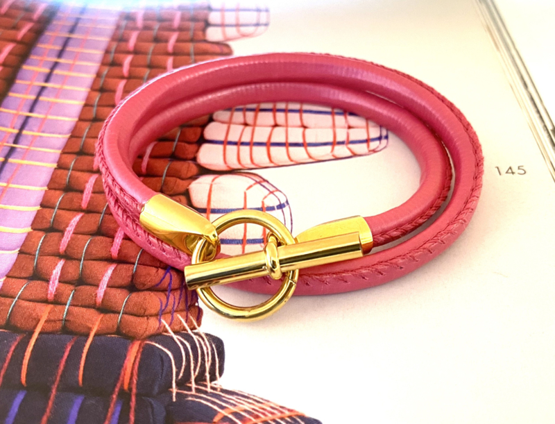 Armband leer hermes style roze/goud