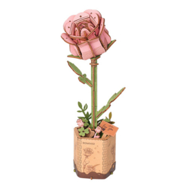 DIY Houten Bloem Pink Rose, Roze Roos, Robotime, TW041