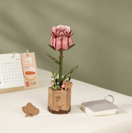 DIY Houten Bloem Pink Rose, Roze Roos, Robotime, TW041