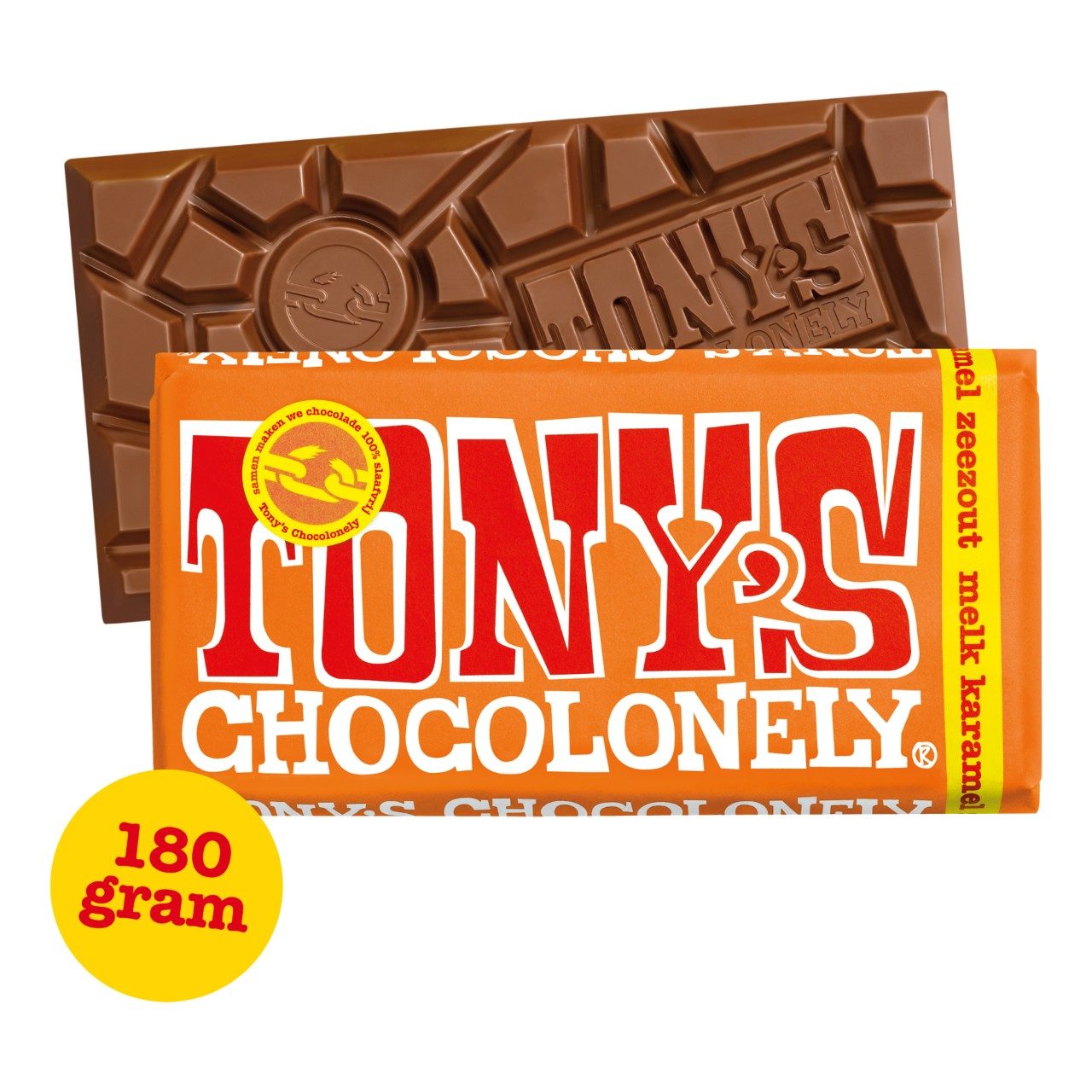 Melkchocoladereep met karamel en zeezout, FT Merk: Tony's Chocolonely