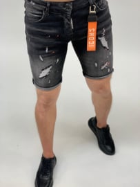 RYMN short jeans Icon design zwart met oranje verfvlekken SJNS014