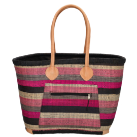 PE-Florence Raffia rieten strandtas zwart/fuchsia