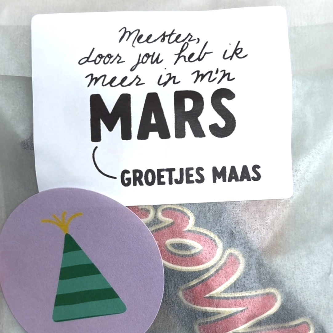 5 naamstickers - meester, door jou heb ik meer in m'n mars