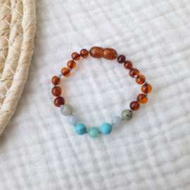 Barnsteen kinder armbandje 16 cm | labradoriet - aquamarijn - turkoois - amazoniet - cognac