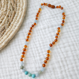 Barnsteen kinder ketting| labradoriet - aquamarijn - turkoois - amazoniet - cognac