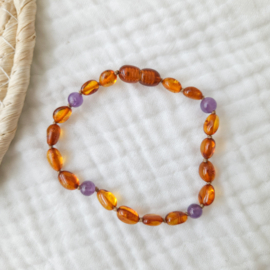 Barnsteen armband 19 cm | amethist - cognac
