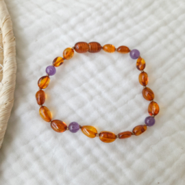 Barnsteen armband 19 cm | amethist - cognac
