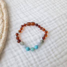 Barnsteen kinder armbandje 16 cm | labradoriet - aquamarijn - turkoois - amazoniet - cognac