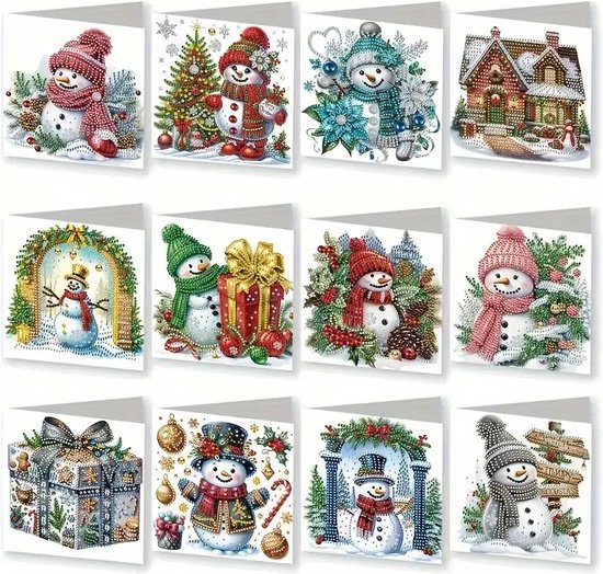 Diamond painting kerstkaarten sneeuwpop 12 stuks