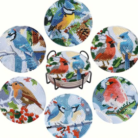 Diamond painting onderzetters vogels in sneeuw