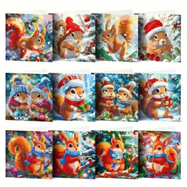 Diamond painting kerstkaarten eekhoorn 12 stuks