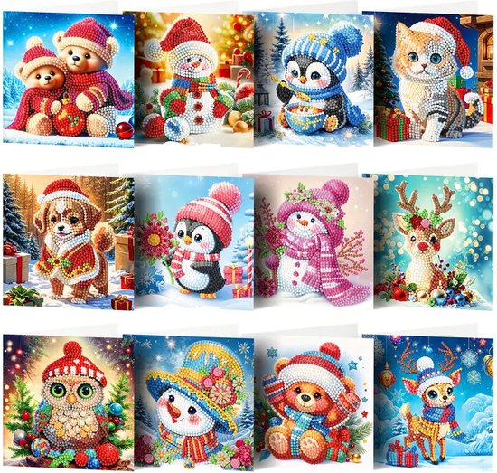 Diamond painting kerstkaarten dieren 12 stuks