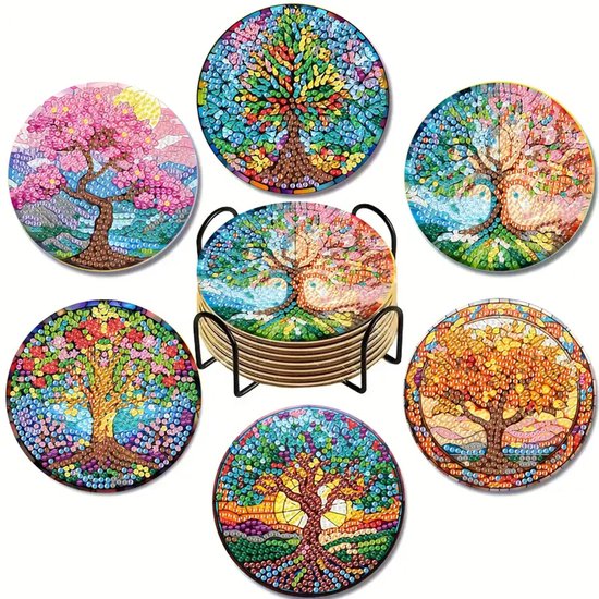 Diamond painting onderzetters kleurrijke bomen