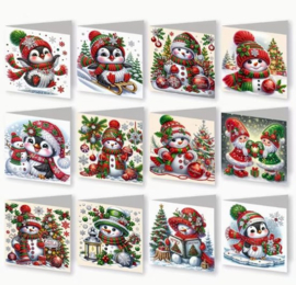 Diamond painting kerstkaarten pinquin 12 stuks