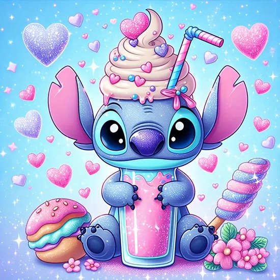 Diamond painting Stitch met milkshake 30x30cm