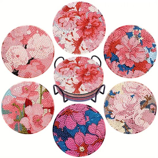 Diamond painting onderzetters roze bloemen