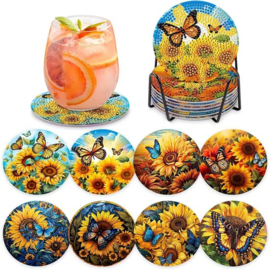 Diamond painting onderzetters zonnebloem met vlinders