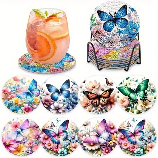 Diamond painting onderzetters vlinder met bloemen