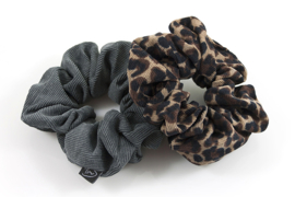 Set scrunchies zwart/ bruin panter