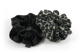 Set scrunchies zwart/ grijs panter
